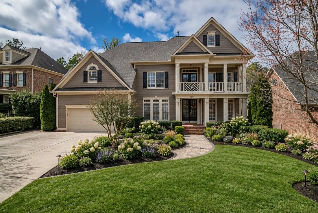 The same house a year later, with a curved paved path, deep planted borders and a shaped lawn