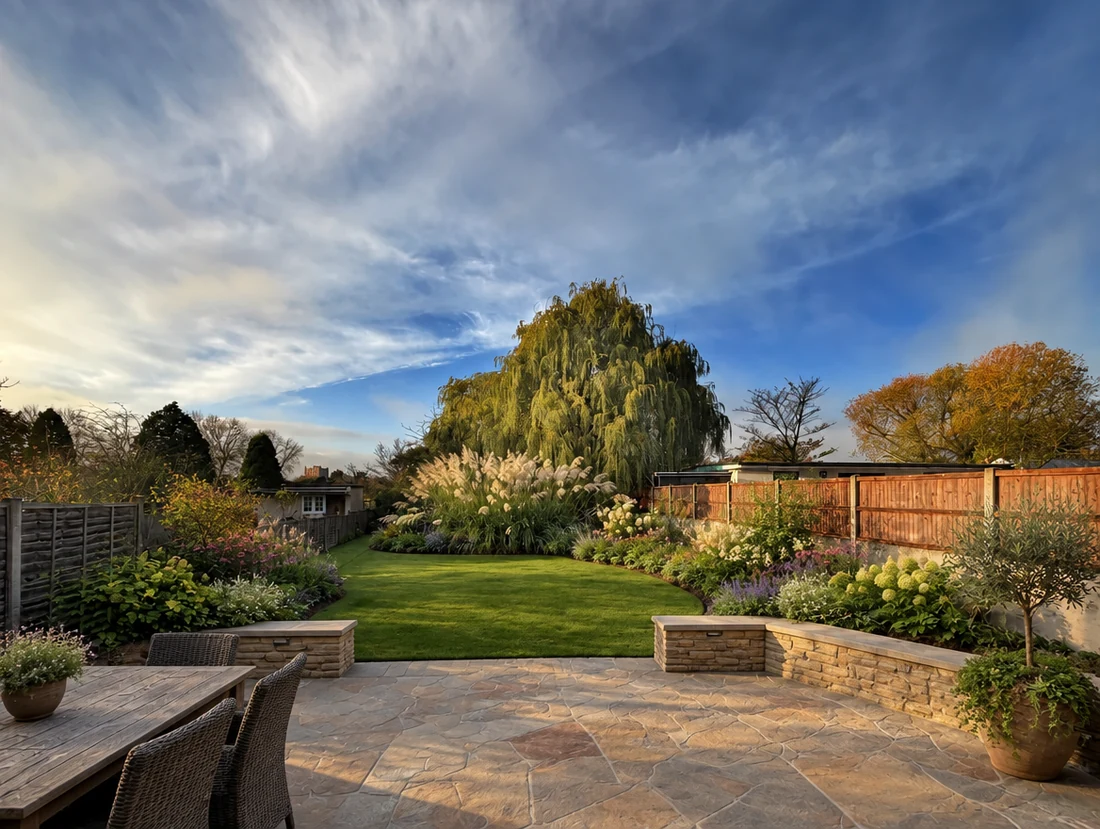 The same back garden with a flagstone terrace, seat walls and planted borders