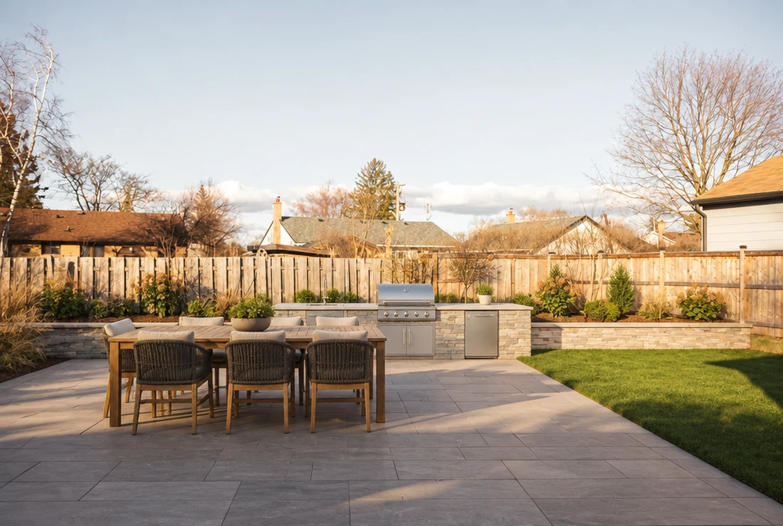 The same garden with an outdoor kitchen, dining terrace and planted beds