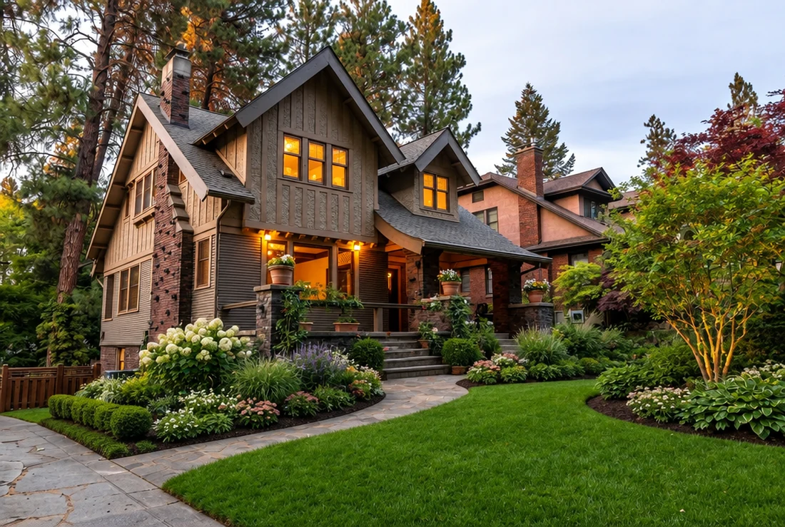 The same frontage with a paved entry path, curved beds and a crisp reshaped lawn