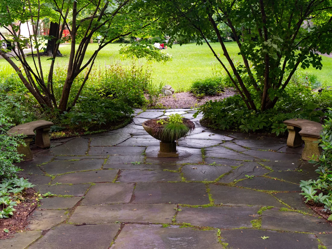 A flagstone terrace under mature trees