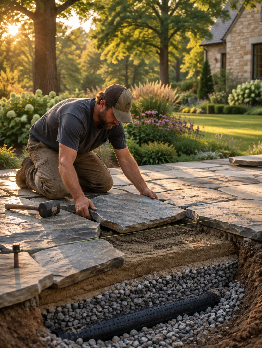 A stonemason setting a bluestone slab at golden hour, with the gravel sub-base and drainage pipe still open at the edge of the terrace